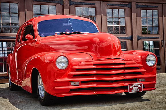 Packard Proving Grounds Easy Rodders Car Show Red Car & Garage July 23, 2017 #2 _9772_HDR